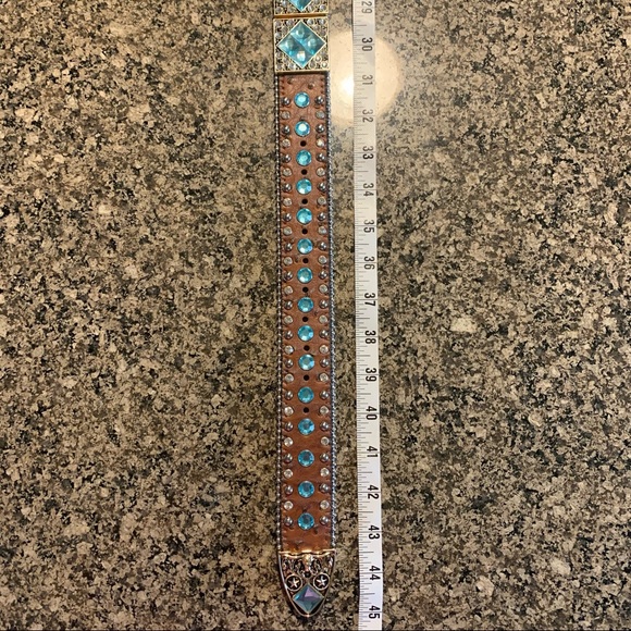 Men's West Star Texas Leather Bling Belt with Blue Crystal Conchos Size Large - Picture 10 of 11